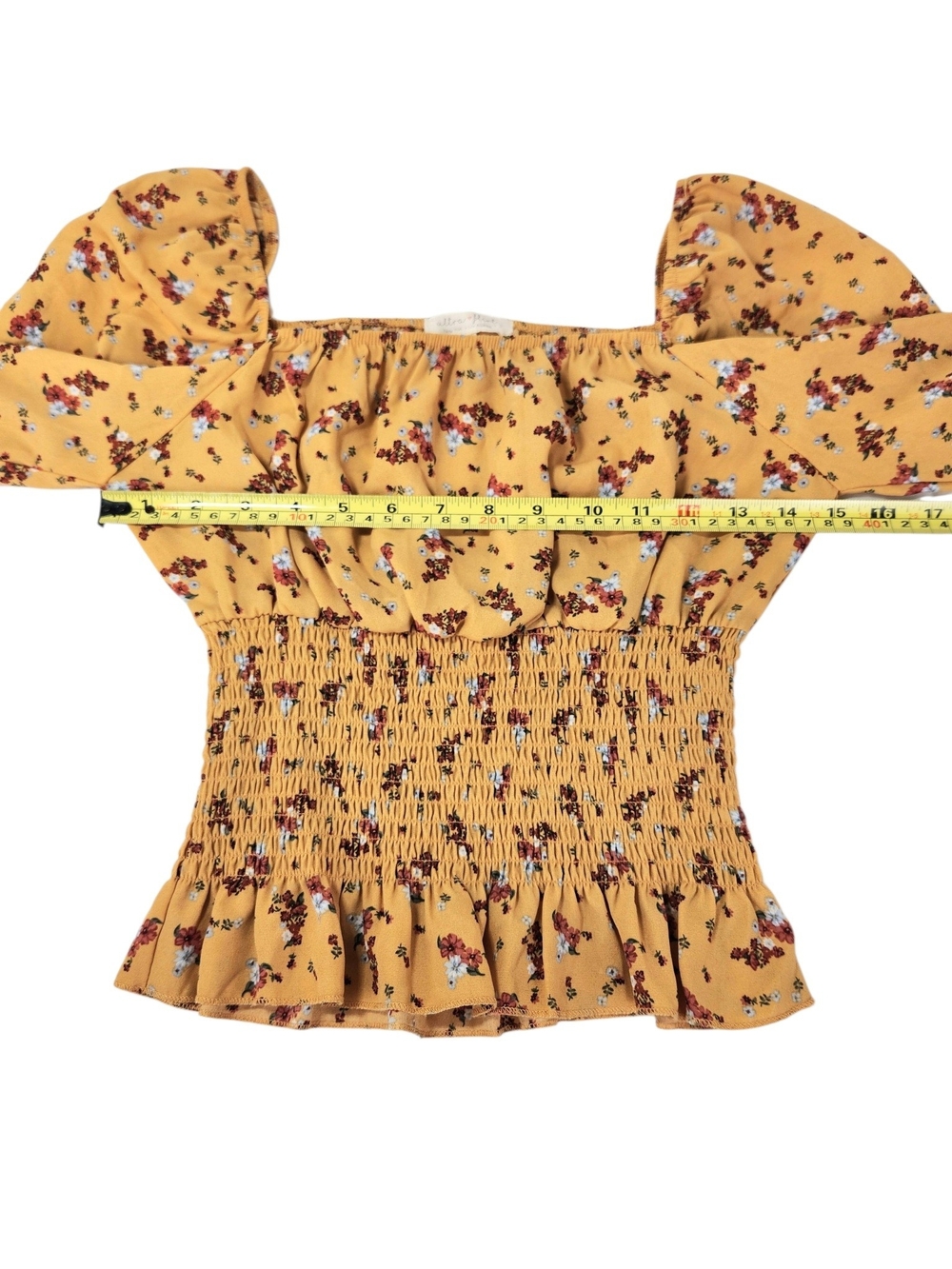 Ultra Flirt Floral Smocked Peplum Peasant Top Yellow Long Sleeve Square Neck S - Picture 10 of 13